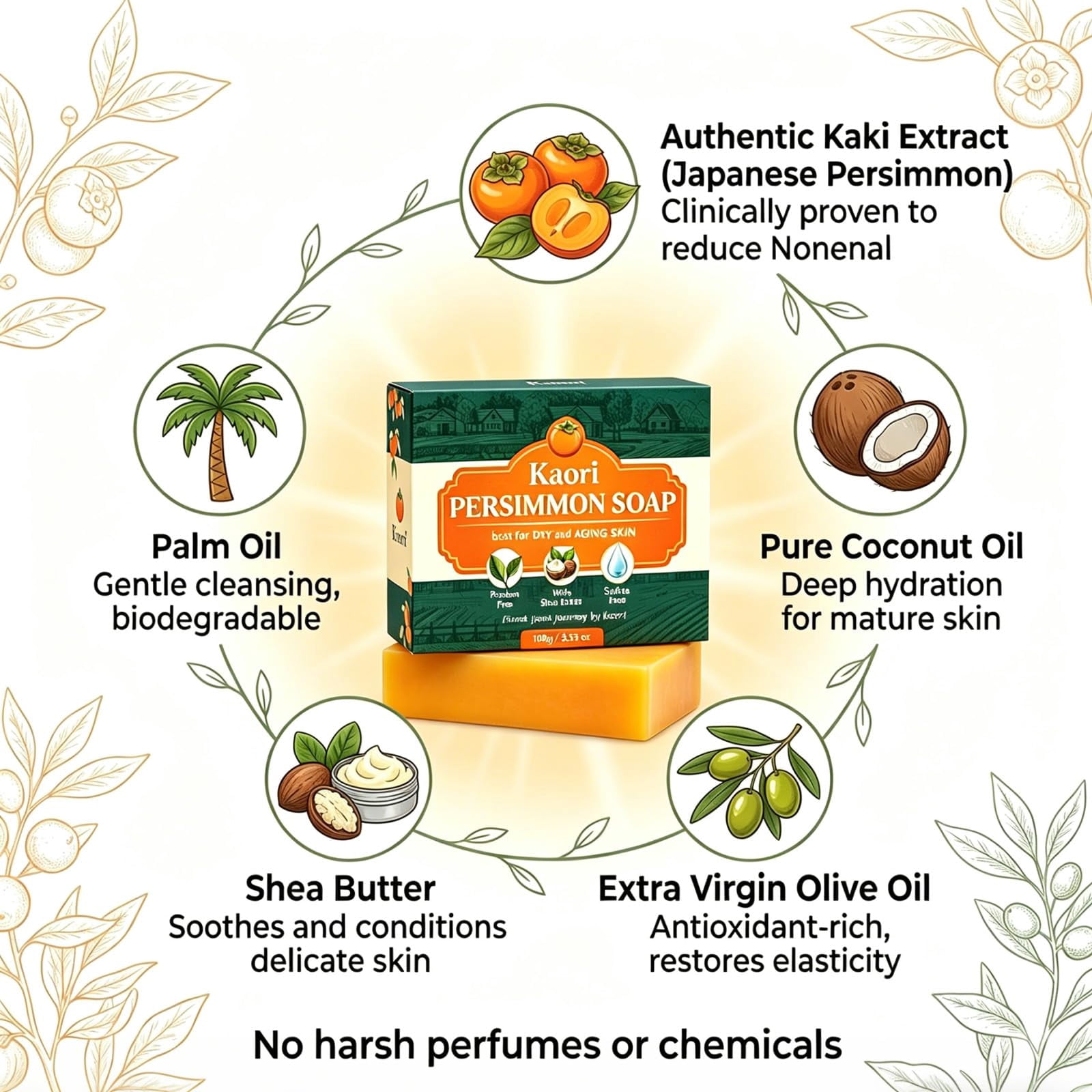 Kaori Japanese Persimmon Soap Handmade Natural Plant Oil Gentle Odor Control Moisturizing Bar for Underarms Feet Men Women