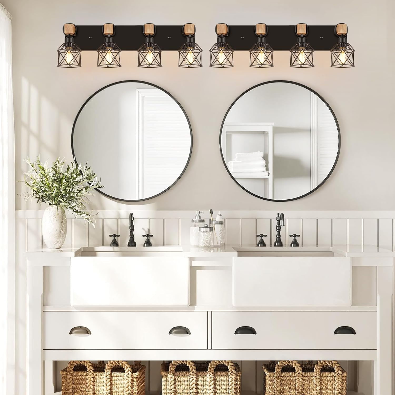 4-Light Farmhouse Wood Bathroom Vanity Lights over Mirror with Metal Cage Lampshade Rustic Bathroom Light Fixtures for Mirror, Living Room, Bedroom, Hallway
