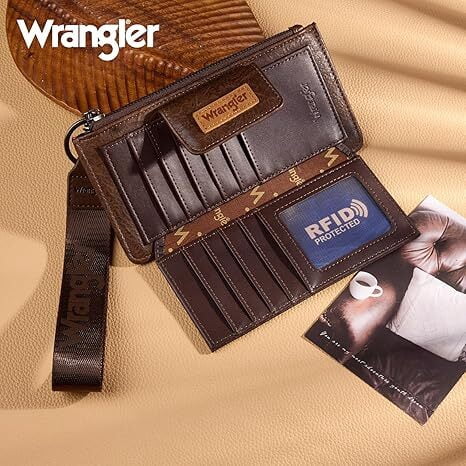Wrangler Women’s Western Wallet - RFID Blocking Bifold Wristlet with Zipper Pocket and Elegant Tooling Design, Coffee
