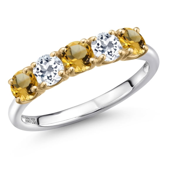 Gem Stone King 925 Silver and 10K Yellow Gold Yellow Citrine and White Topaz Wedding-Bands Ring for Women | 1.43 Cttw | Round 4MM | Gemstone November Birthstone | Size 9