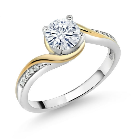 Gem Stone King 925 Sterling Silver and 10K Yellow Gold White Moissanite Engagement Ring for Women 0.85 Cttw (Size 7)