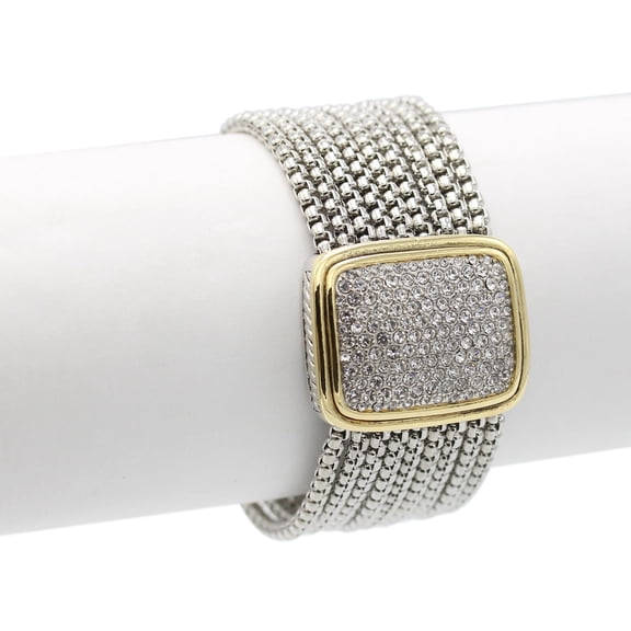 Taza-Two Tone Pave Multi-Strand Bracelet with magnetic closure. Accented with a two tone rectangular center piece in brilliant cubic zirconia.Gift for Women Gift for girls.