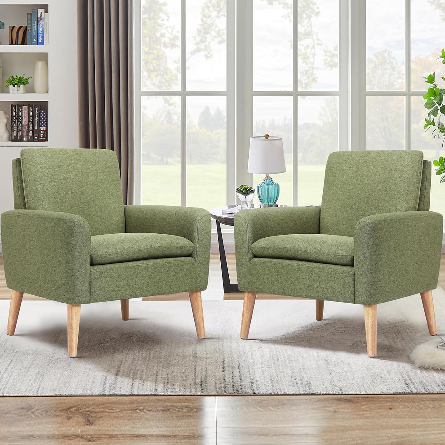 Chair set of 2 Living Room chairs Mid-century Modern Chair upholstered fabric Comfortable club chair to sofa chair Bedroom office - green