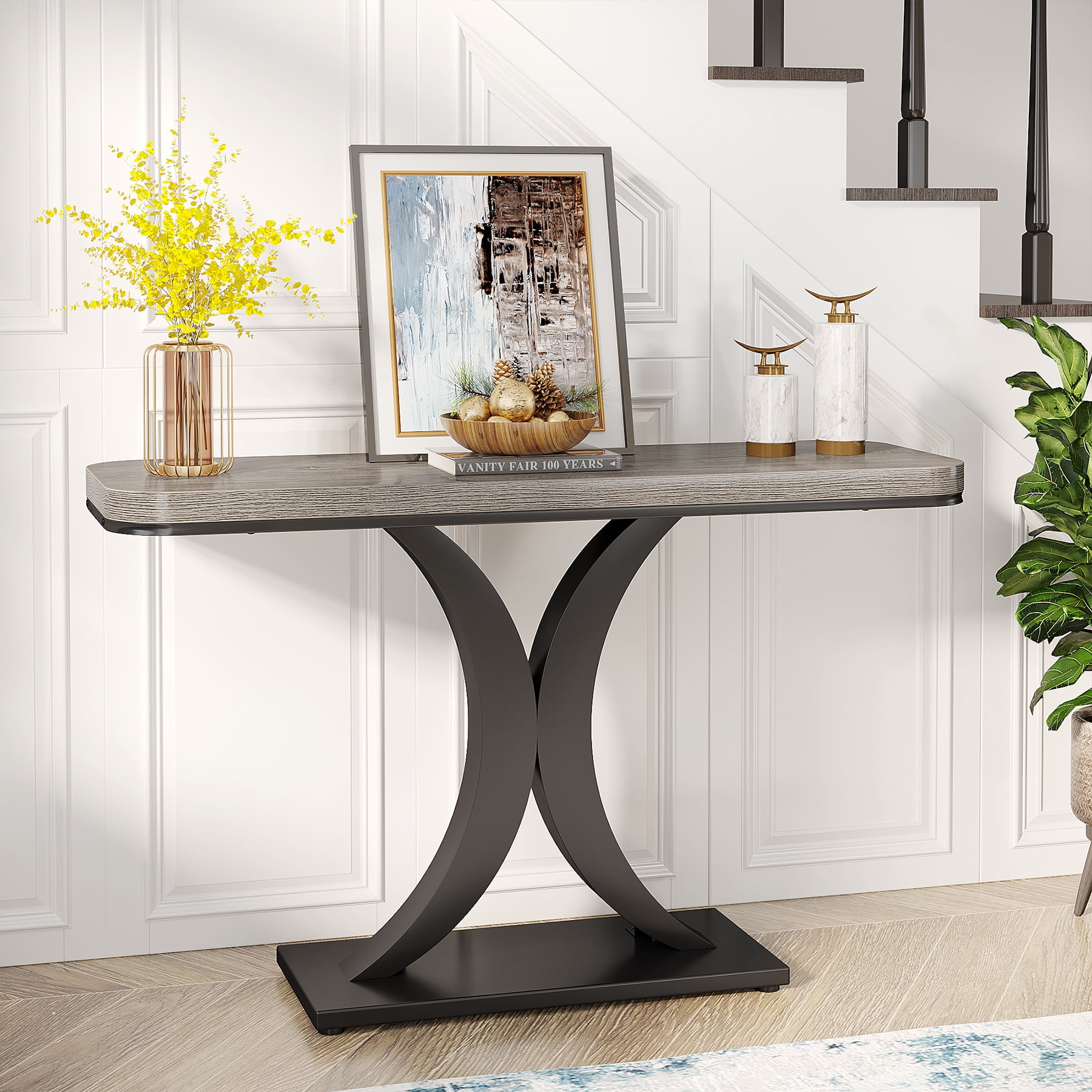 Tribesigns Industrial Console Tables, 40" Narrow sofa Entryway Tables with Geometric Base for Living Room, Hallway and Foyer,Gray and Black