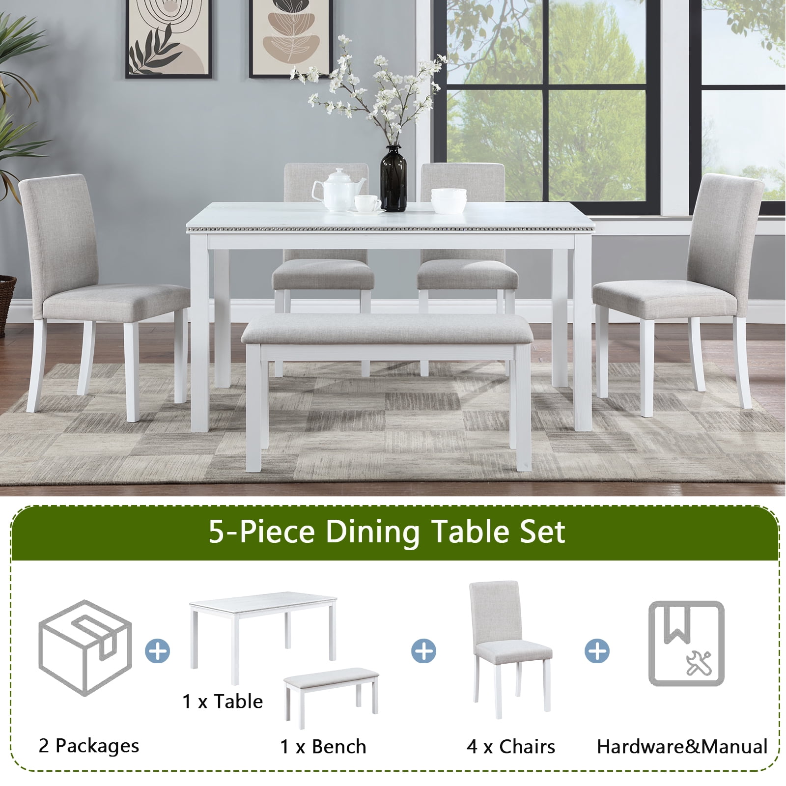 Aukfa Dining Table Set for 6, Rectangular Wood Kitchen Table W/ Crystal Decoration for Kitchen/Dining Room,White