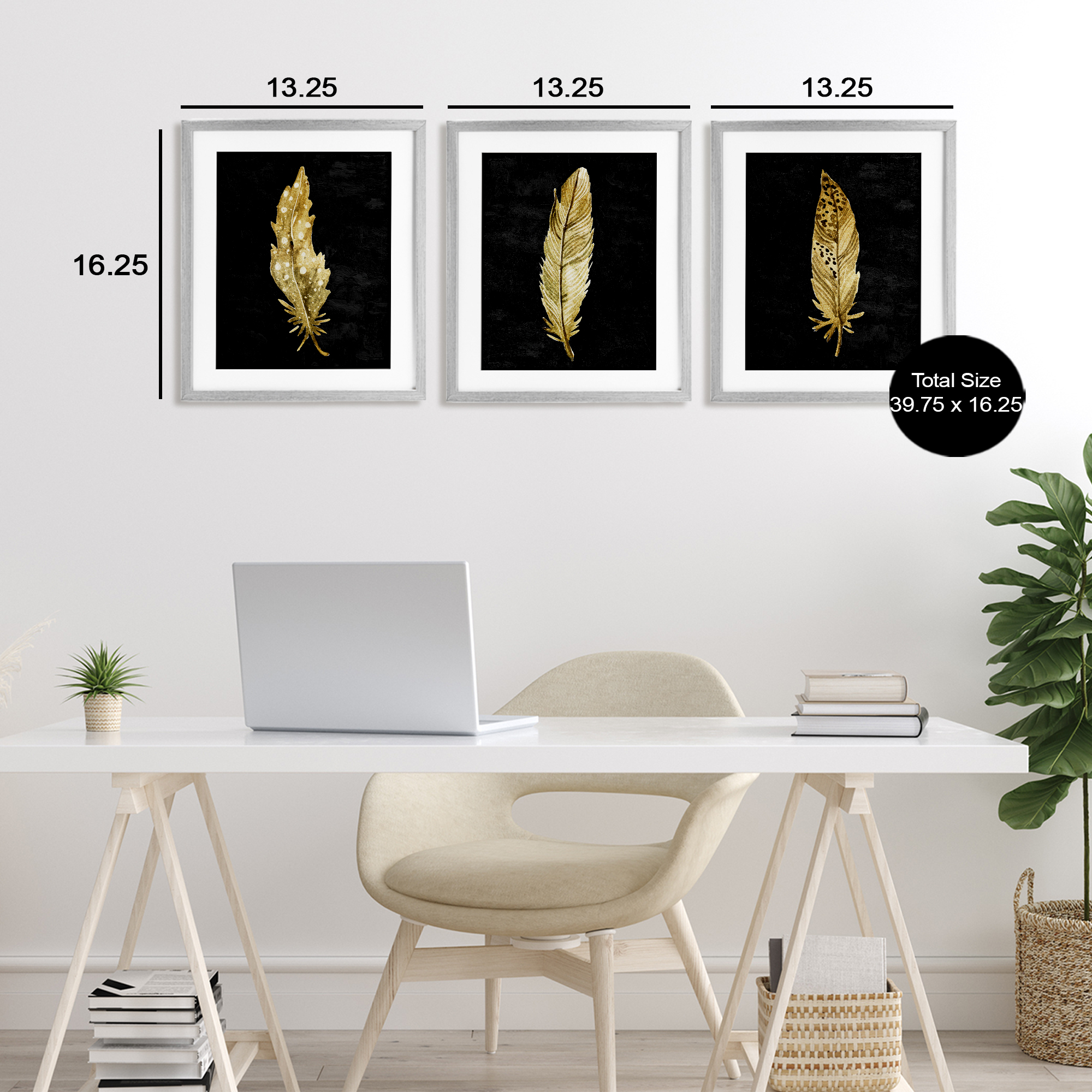 Black & Gold Feathers 3 Piece Gray Framed Print Under Glass Set, design by Kim Allen