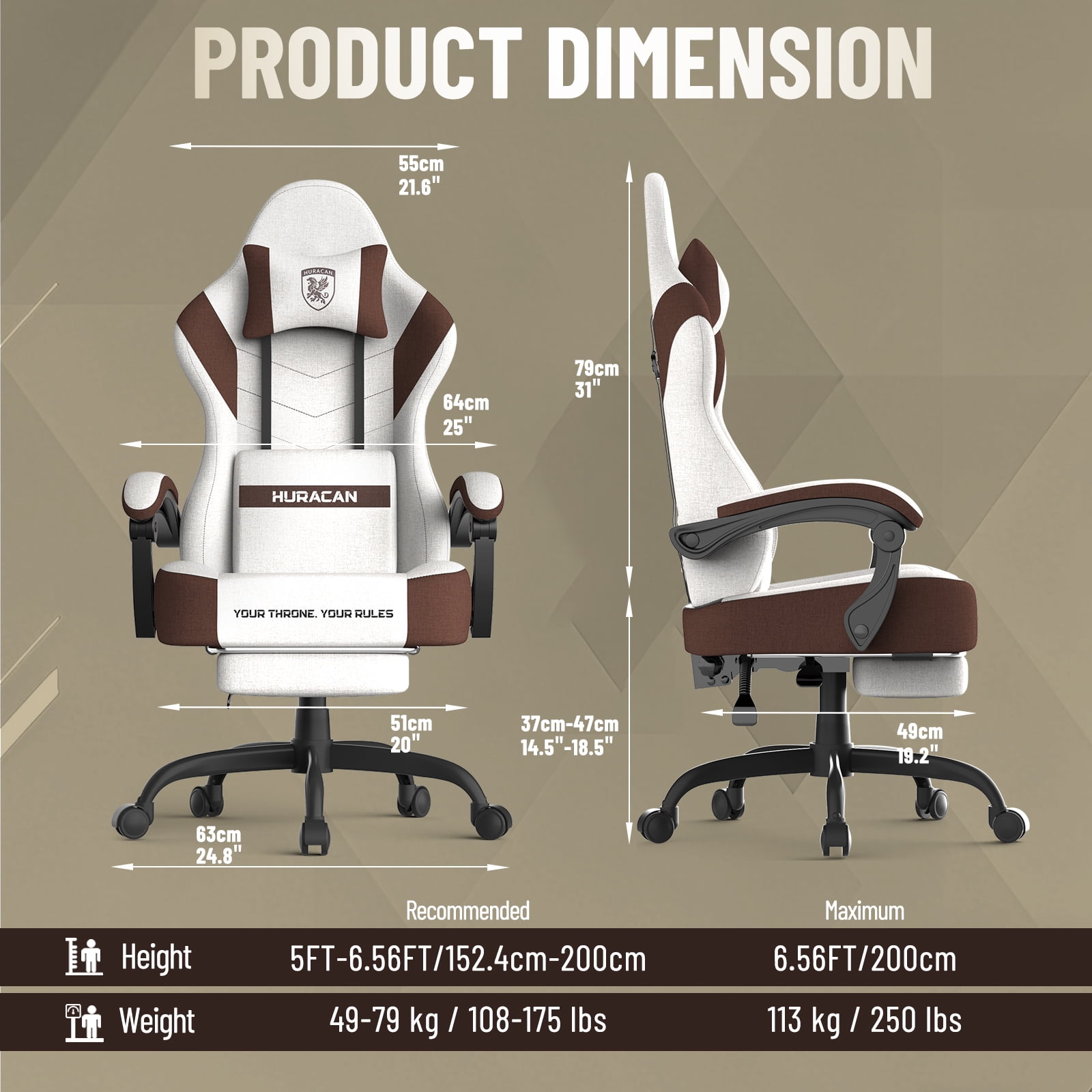 SOONTRANS Gaming Chair for Adults, Ergonomic Linen Fabric Computer Chair with Massage Lumbar Pillow, Gamer Game Chair with Adjustable Headrest, Comfortable Office Chair for Home, Beige and Brown