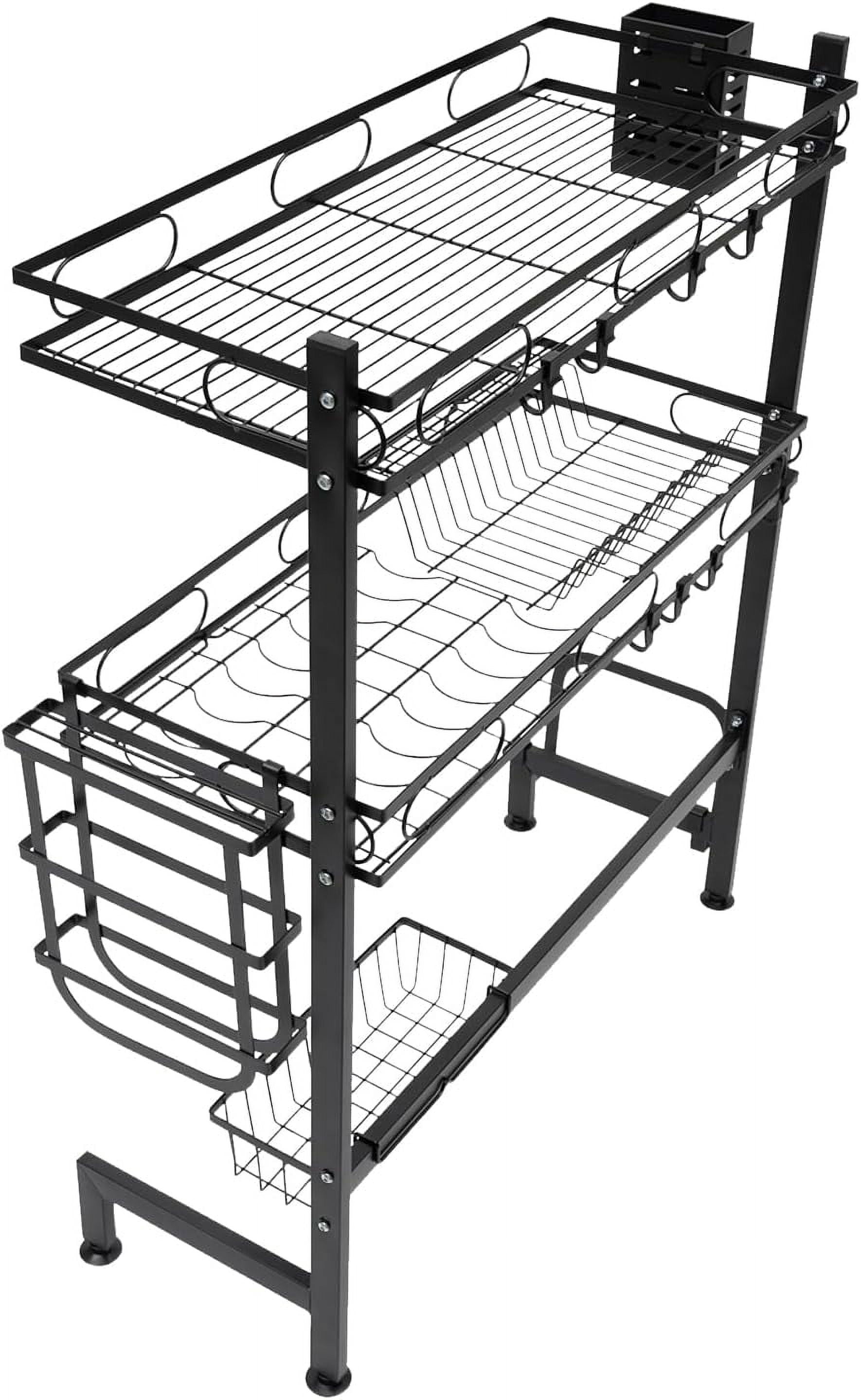 Dish Drying Rack 2-Tier Over Sink Dish Dryer Rack with Drainer 8 Hooks & Different Rack Cutlery Shelf Cup Organizing Metal Dishrack Set for Kitchen Counter