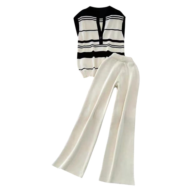 Pantalones Casuales de Mujer Cuello Redondo Manga Corta Tops Y Elástico de la Cintura Pantalones Largos Conjuntos, Desgaste Casual