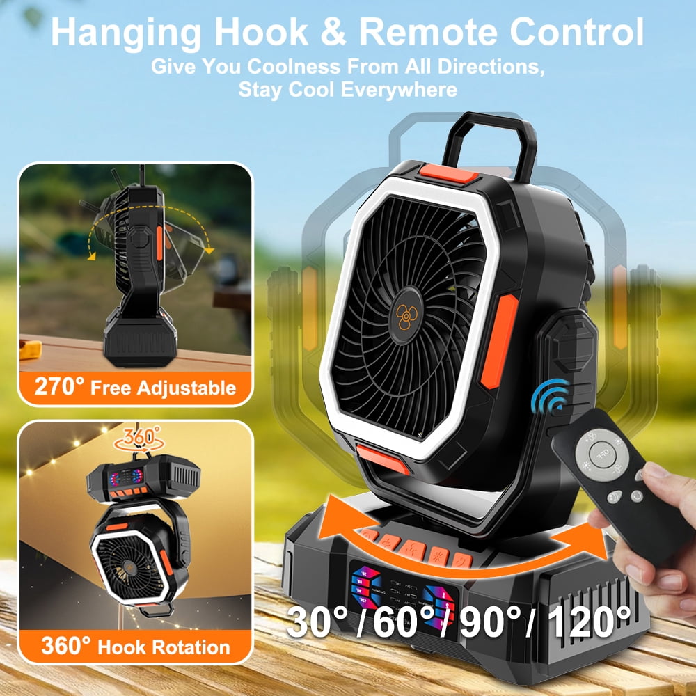 Camping Fan, 24000mAh Portable Fans Rechargeable Portable Fan with Remote & LED Lantern,  4-level Strong Airflow, for Camping Outdoor Indoor Gym Desk Fishing BBQ Travel