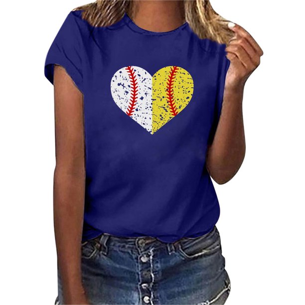 Gibobby Camiseta de manga corta para mujer Mujeres Casual Béisbol Impresión Mangas Cuello Redondo Camiseta Suelta Blusa Tops(Azul,XL)