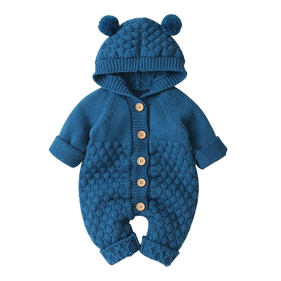 IBTOM CASTLE Unisex Baby Boy Girl Cute 3D Bear Ears Hooded Knitted Sweater Long Sleeve Romper Overall Sleepwear Winter Warm Clothes 0-6 Months Blue