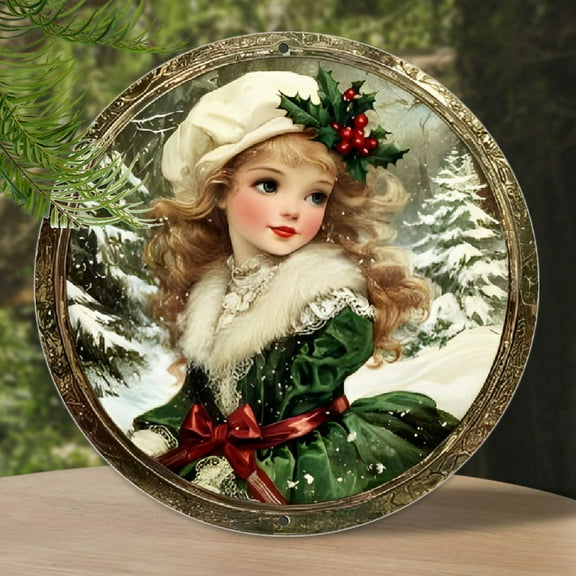 Vintage Christmas Aluminum Wall Art, Classic Style Round Metal Decor Sign, 1pc 8x8-Inch, Durable Weather-Resistant Mobile for Home, Bar, and Kitchen - Easy Hang, No Electricity Needed