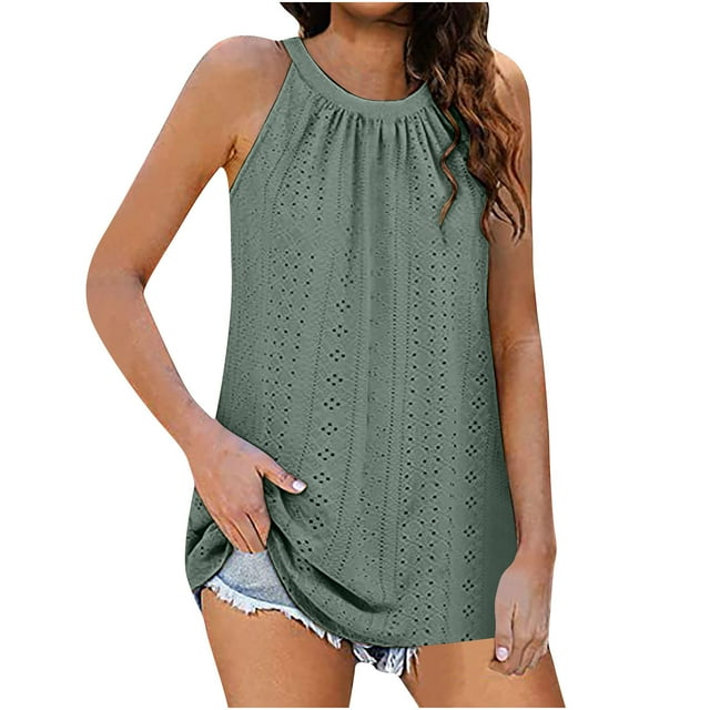 Timegard Eyelet Tank Top for Women Round Neck Ruched Sleeveless Comfy Casual Tee Shirts Summer