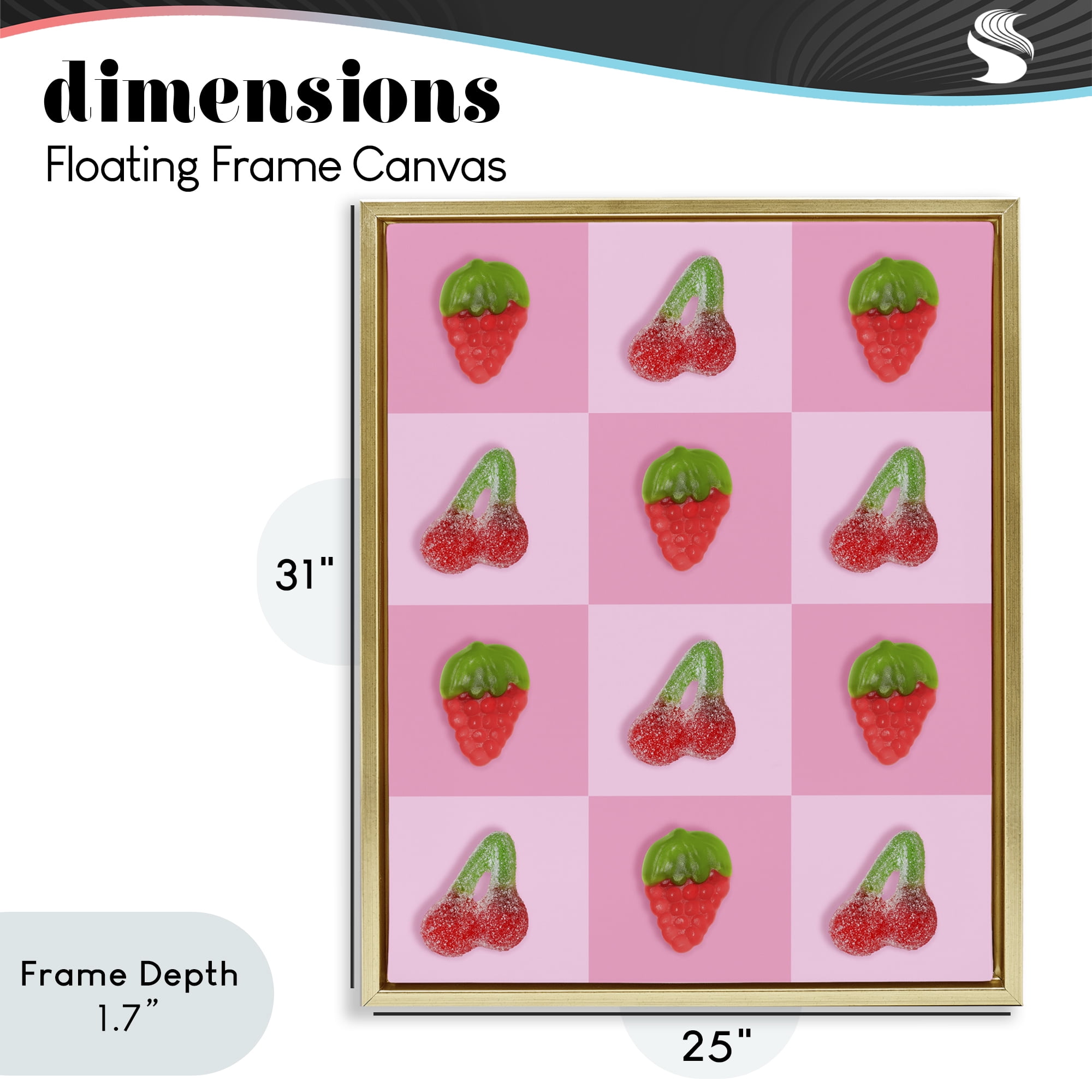 Stupell Industries Gummy Strawberry and Cherry Checkerboard Gold Framed Floater Canvas Wall Art, design by LISH Creative