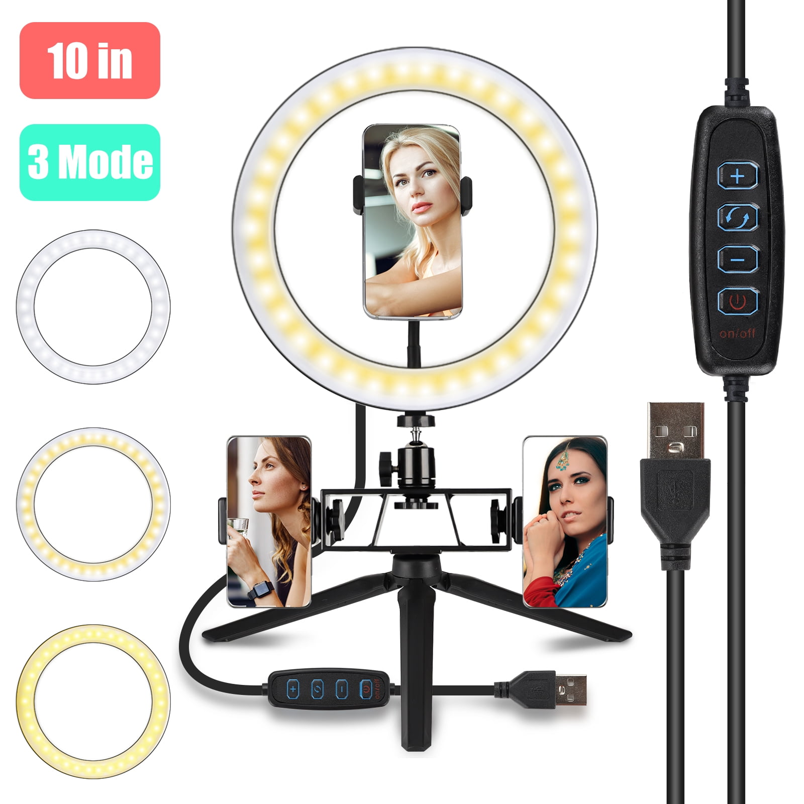 10 Selfie Ring Light With Tripod Stand And 3 Phone Holder For Live Stream Makeup Dimmable Led