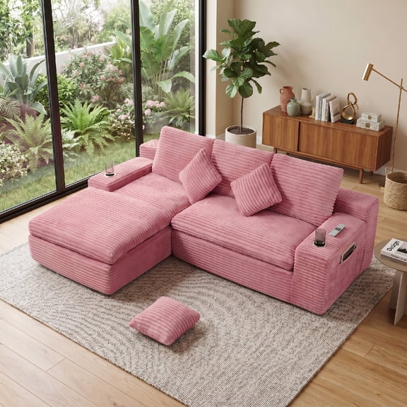 Cloud Sectional Couch with L-Shape Chaise,2 Cup Holders,Side Pocket,Deep Seat, No Assembly Modular Corduroy Boneless Sofa for Living Room,Apartment