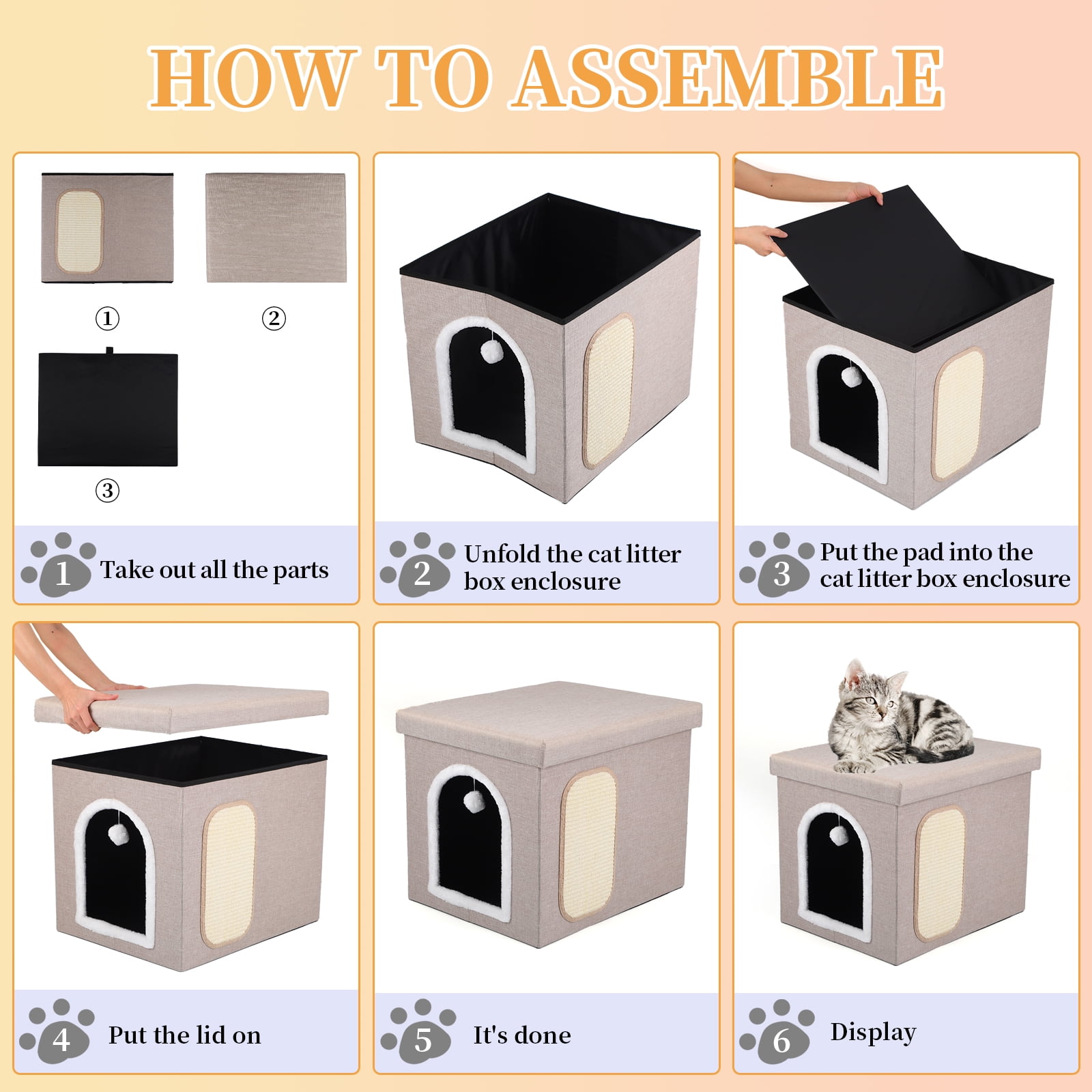Cat Litter Box Enclosure Furniture, Foldable Hidden Litter Box with Mesh Storage Bag, Litter Box Furniture with Waterproof Inside, Easy Clean