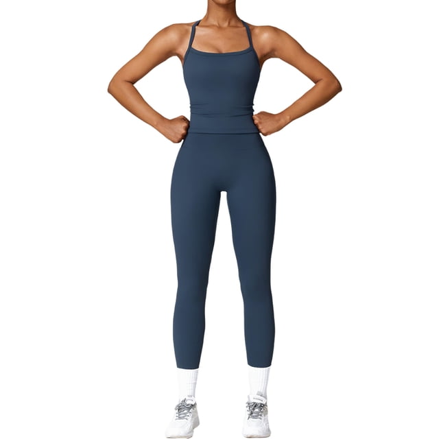 Set de entrenamiento QBGJTD, polainas sin mangas con espalda cruzada para mujer, azul M