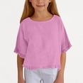 thumbnail image 3 of Faraee Cotton Linen Shirts for Girls 2026 3/4 Sleeve Ruffle Hem Oversized Blouse Kids Loose Fit Crewneck Tops for Summer Beach Vacation 5-15 Years Purple, 3 of 6