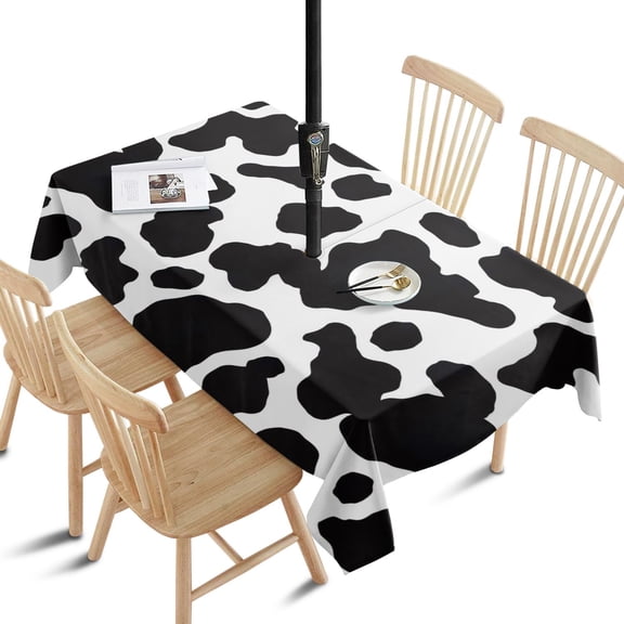 Outdoor Cow Print Tablecloth with Umbrella Hole and Zipper,Rectangle Waterproof Wrinkle Free Table Cloth Decorative Fabric Washable Table Cover for Patio, Party, Picnic 60 X 84 Inch