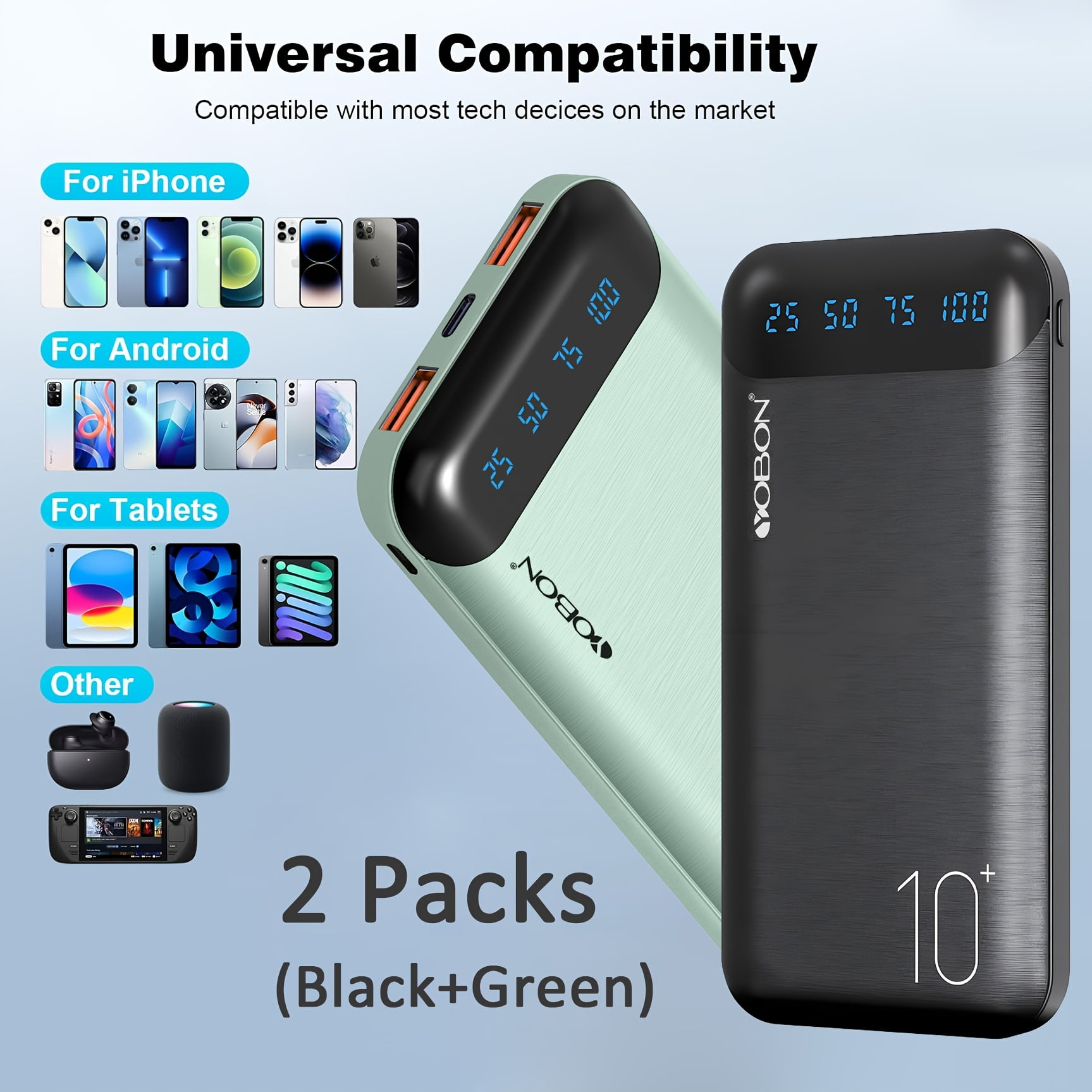 Set of Two Portable Power Banks with a Capacity of 10000Mah, Featuring Slim Design, USB C Input And Output, LED Display, And Lightweight Construction, Suitable for Apple, Android Phones, And More