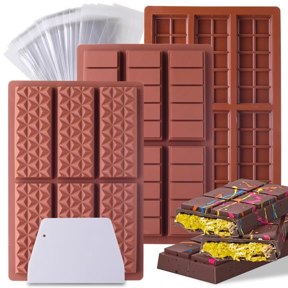 3 Pieces 6 Cavities Chocolate Bar Mold Deep with Bags Scraper, Thick Chocolate Bar Mold for Stuffed Bar, Silicone Chocolate Mold for Filling Knafeh Pistachio Chocolate Bar Kitchen Birthday