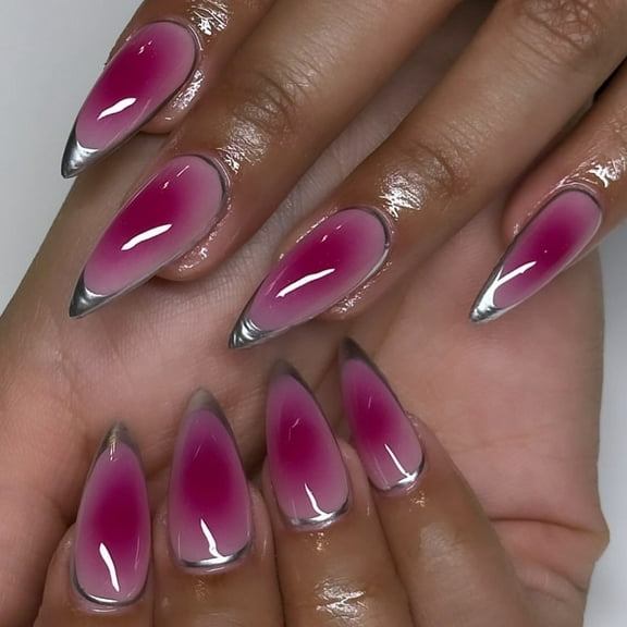 KUFptva Professional Press on Nails Rose Red And Silver French Almond False Nails Manicure For Stylish Women Seeking Nails Art