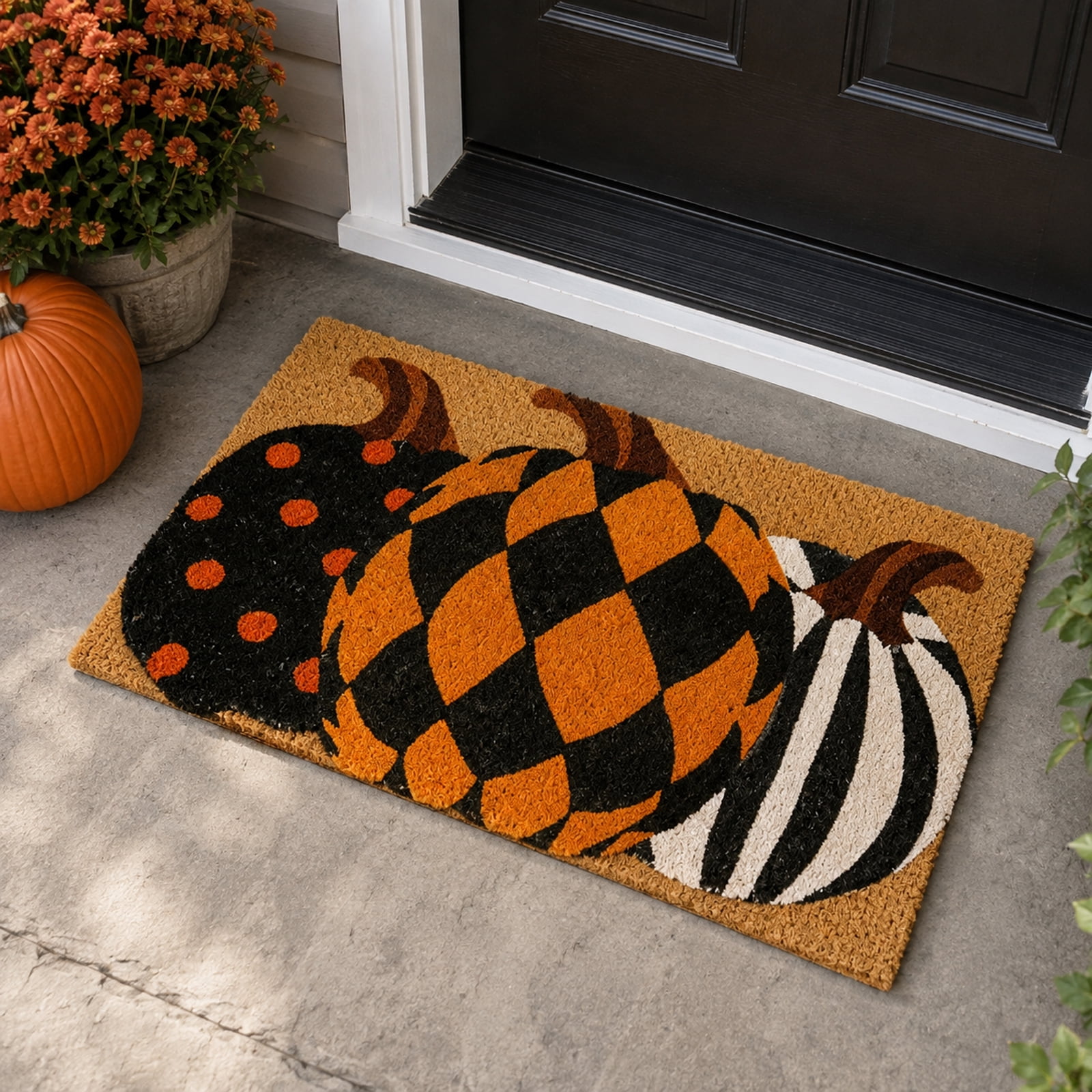 Pumpkin Coir Door Mat Vintage Polka Dot and Checkered Pumpkin Design for Warm Autumn Welcome