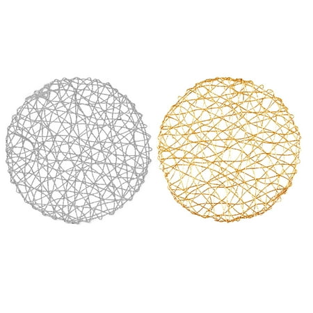 

2pcs Woven Round Hollow Handmade Placemats Coasters Plate Mats (Golden Silver)