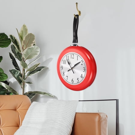 NICEXMAS 1 Set Red Hanging Frying Pan Wall Clock Battery Operated Unique Decorative Clock for Home