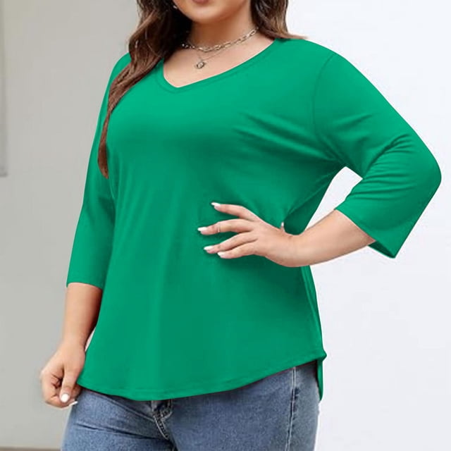 Ovbmpzd Green Womens Tops Plus Size 3/4 Sleeve V-Neck Solid Blouses Womens Blouses L