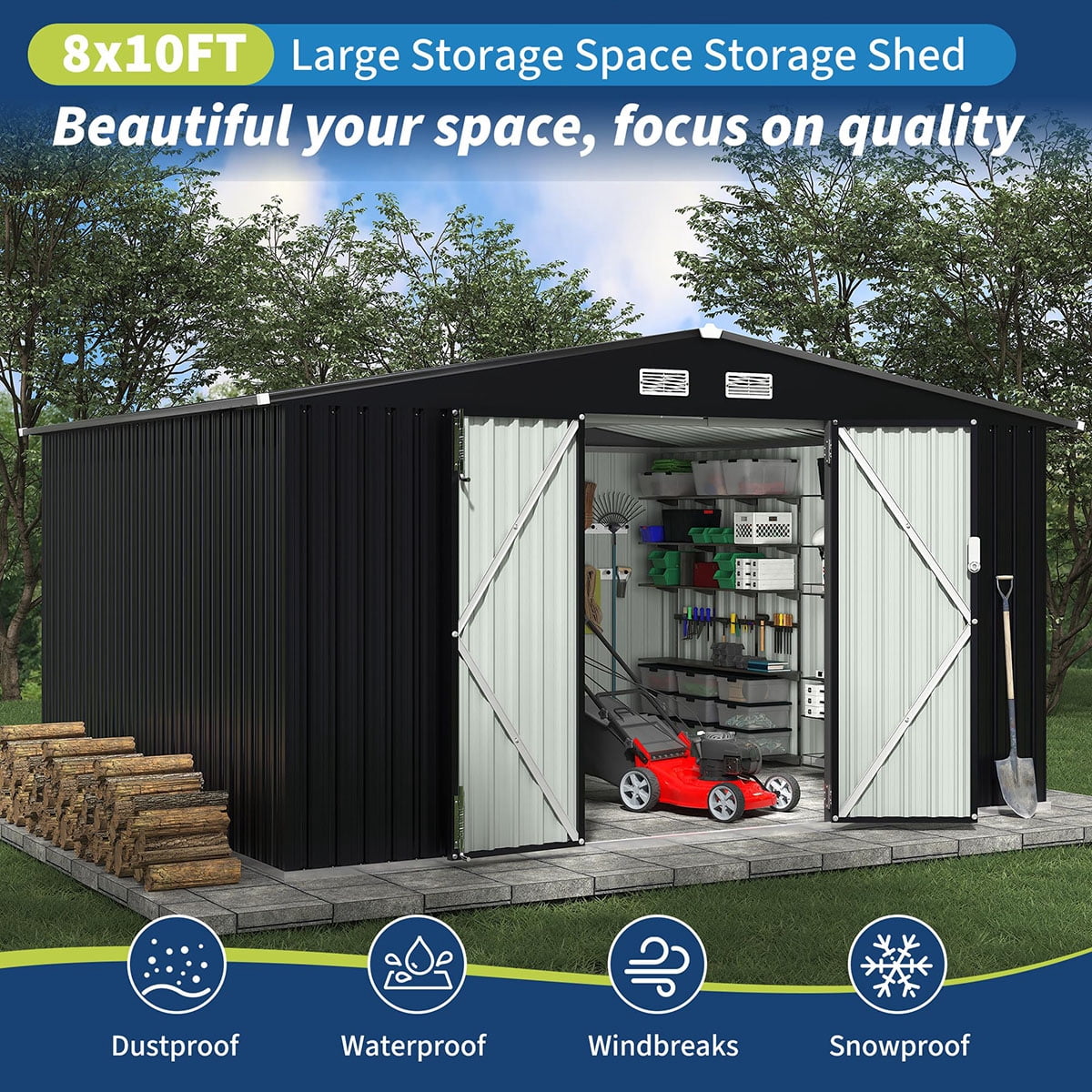 8x10 FT Metal Storage Sheds Outdoor,Metal ToolShed with Lockable Door,Metals Yard Sheds MetalGarden Shed Kit,Metals Utility Sheds Buildings with Air Vent for Backyard Garden Patio Lawn,ship in 2 boxes