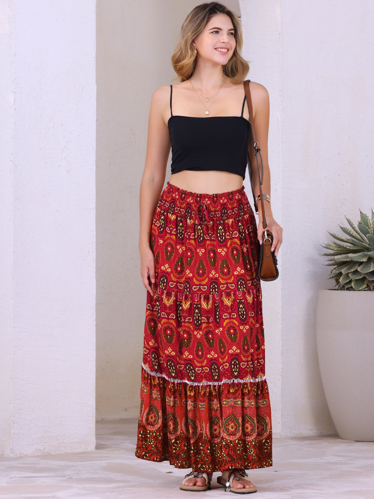 DARING DIVA Women's Boho Floral Smocked High Waist A Line Maxi Skirts XS Red