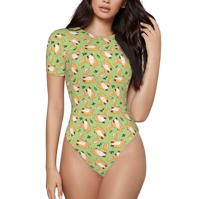 Saiise Grenouillère à Manches Courtes pour Femmes Motif Renard Dessin Animé 2 Col Rond Pyjama Justaucorps Extensible avec Fermeture à Pression-Moyen