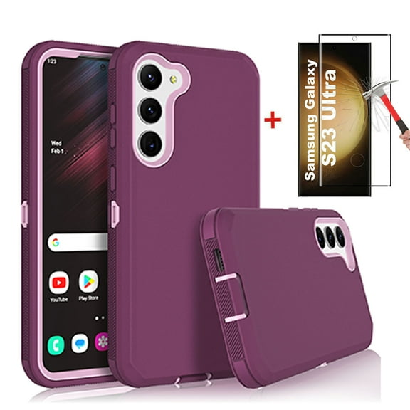 Njjex for Samsung Galaxy S23 5G Case with HD Screen Protector (1 Pack), Galaxy S23 5G Case, Samsung S23 5G Case Durable Shockproof 3-Layer Cover for Samsung S23 5G Phone (WineRed Pink)