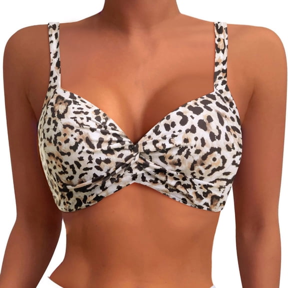 Puliio Women's Push Up Bikini Top Leopard Print Twist Front V Neck Adjustable Straps Bathing Suit