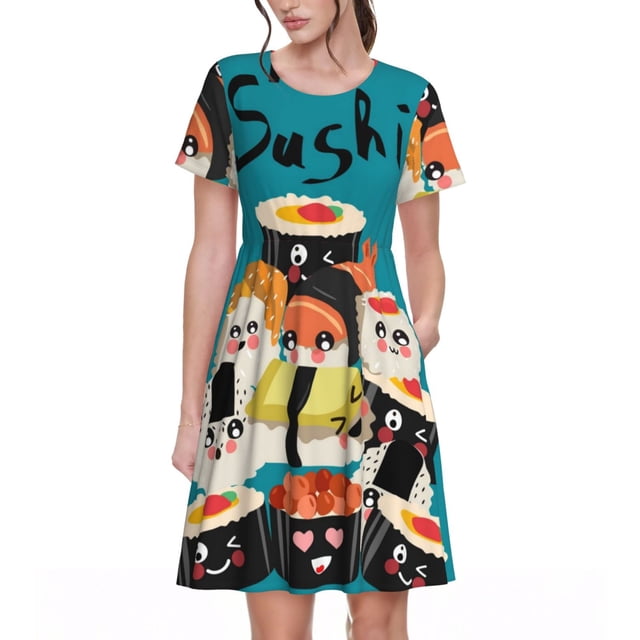 Fotbe I Love Sushi Vestido Largo de Moda para Mujer, Vestido Tipo Camiseta con Manga Corta y Estilo Casual a Rayas y Bloques de Color