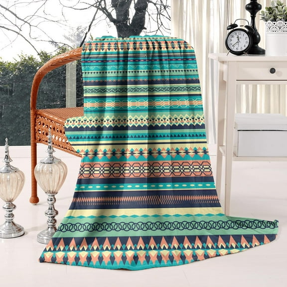 Soft Flannel Throw with Boho Stripes -50x60in Blanket Warm Bed Blanket for Couch Sofa - Lightweight, Vintage Abstract Design