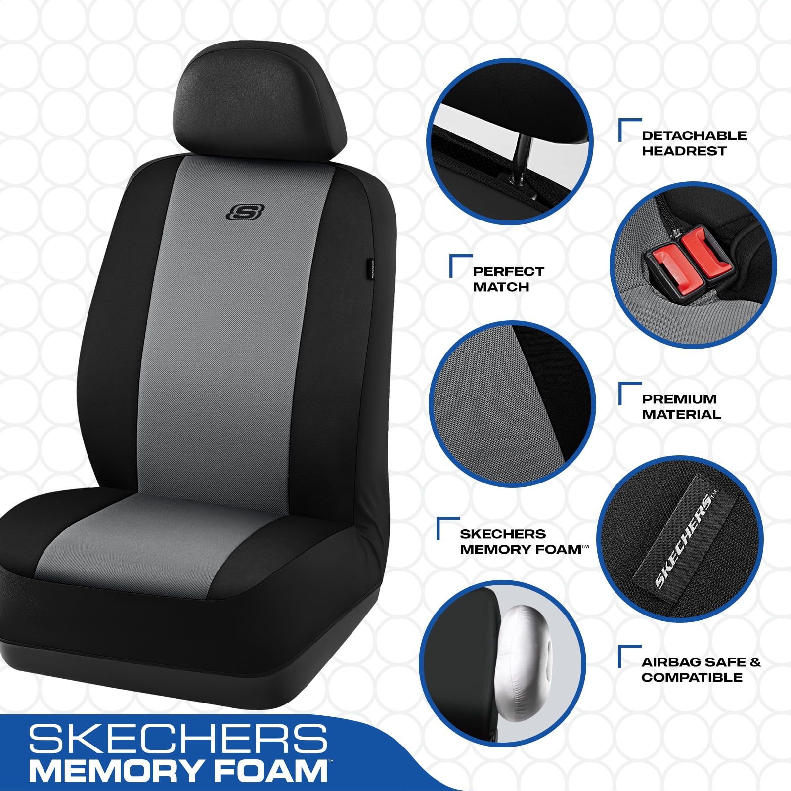 Skechers Memory Foam Fabric Car Seat Cover, Breathable, Comfortable Support, Easy Install, Stylish Design, Universal Fit for Cars and SUVs Gray