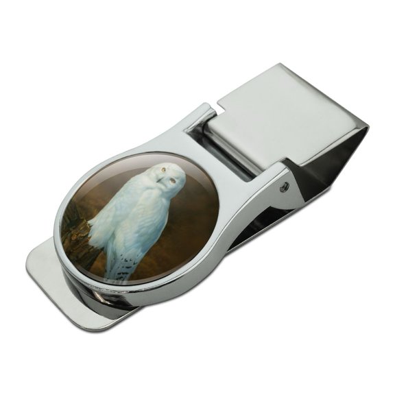 Snowy Arctic Owl on Tree Stump Satin Chrome Plated Metal Money Clip