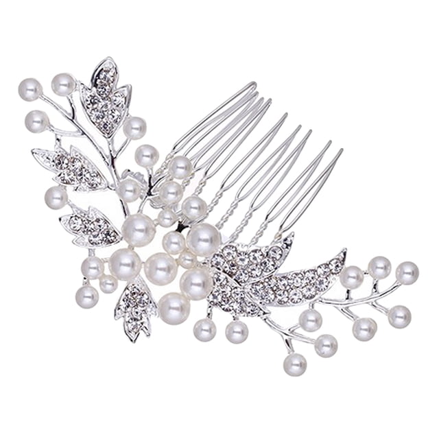 EeaseCA Wedding Rhinestone Alloy Leaf Hair Comb Bridal Pearl Beaded Comb Jewelry for Decoration Party (Silver)