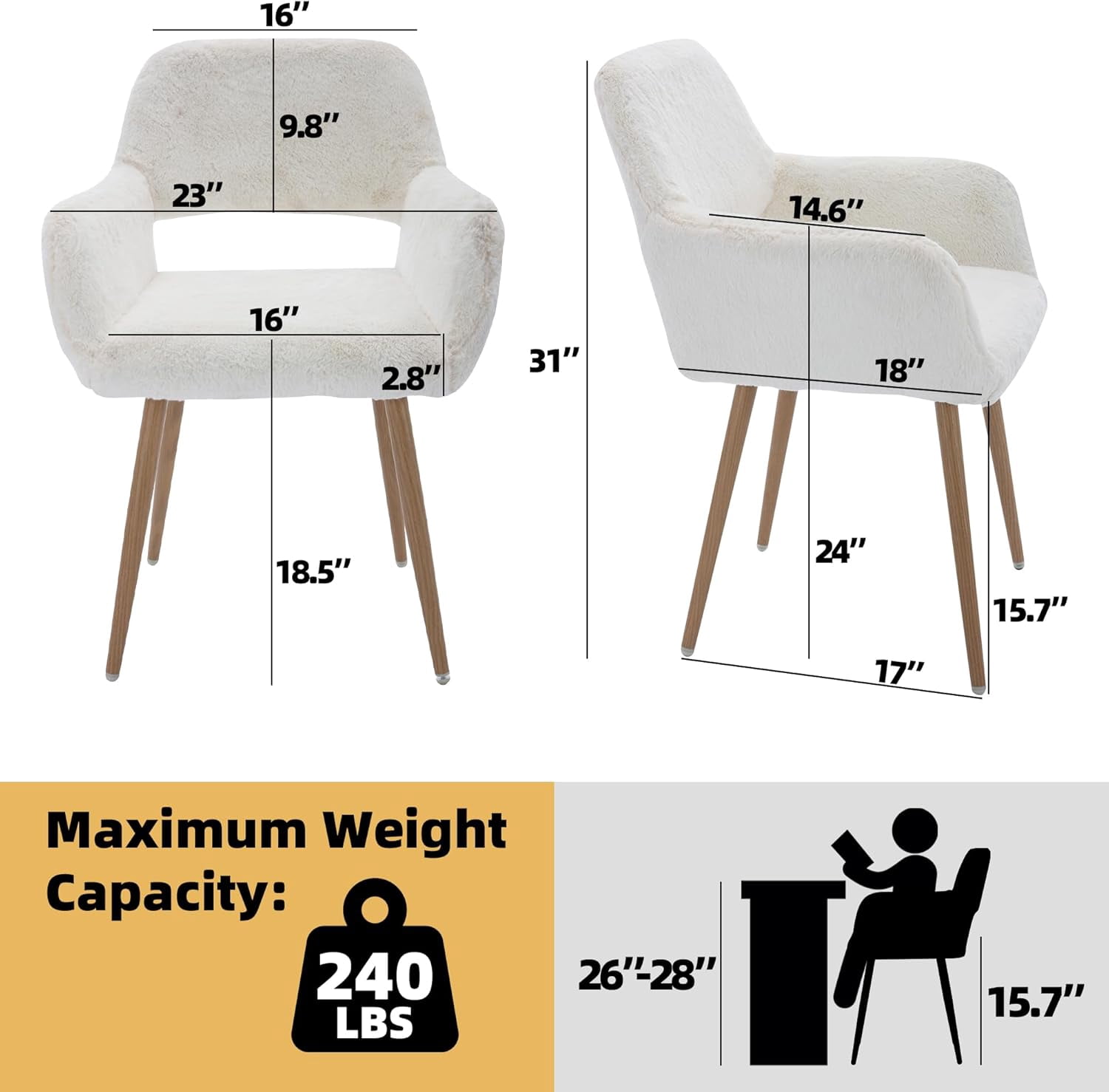 CRXX Desk Chair, Modern Home Office Chair Without Wheels, Faux Fur Vanity Chair with Hollow Backrest, Comfy Armchair Wood Frame with Strudy Metal Legs, White