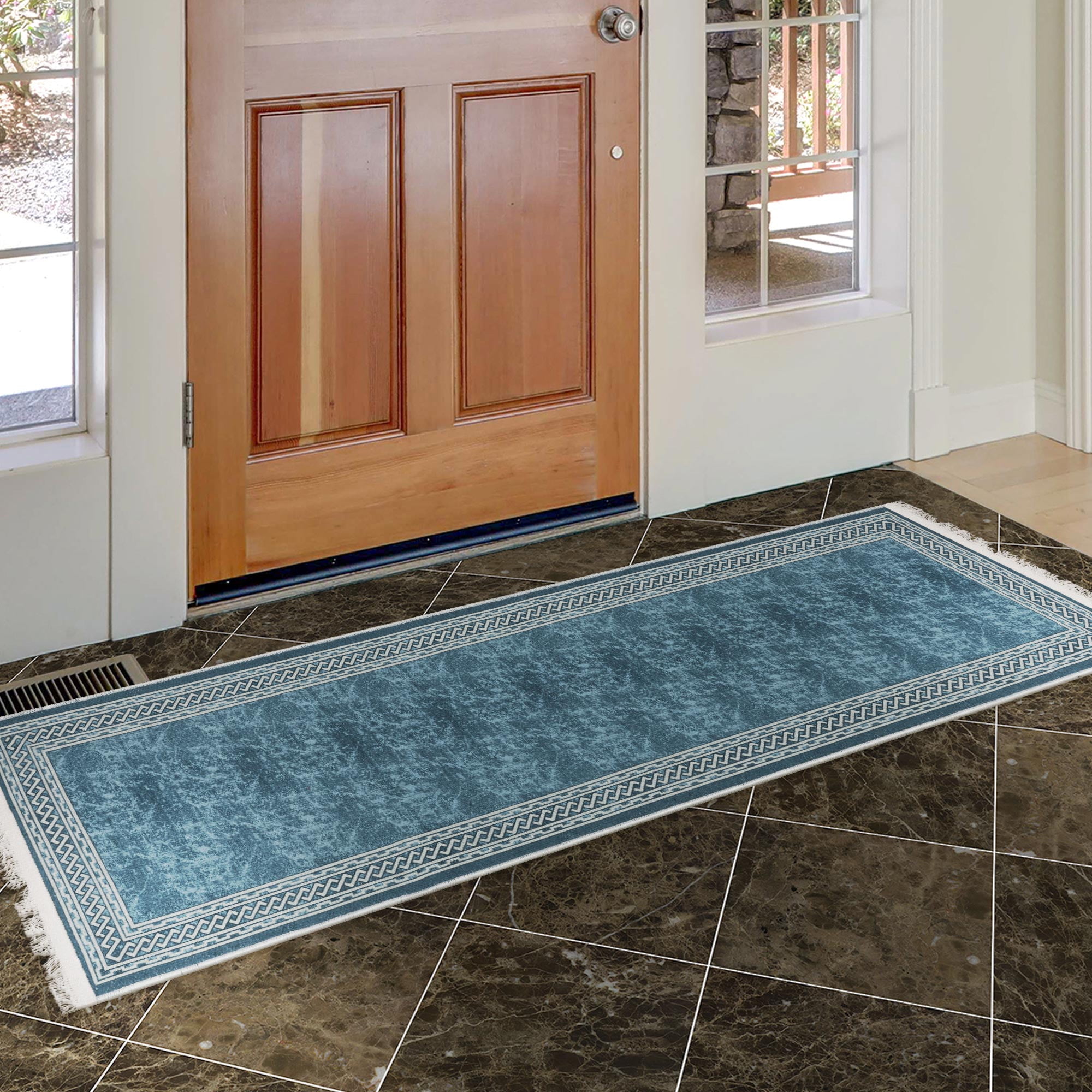 Ottomanson Machine Washable Cotton 2x5 Flatweave Runner Rug for Bedroom, 20" x 59", Blue Border