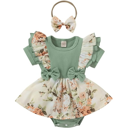 

Morttic Newborn Baby Girl Clothes Spring Summer Infant Romper Floral Suspenders Dress Ruffle Sleeve Onesie Outfit Jumpsuit+Headband (Green 0-3 Months)
