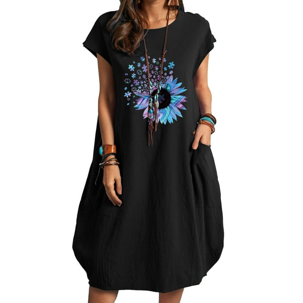 Vestido suelto informal de manga corta con bolsillo y cuello redondo con estampado del Día de la Independencia de algodón y lino de verano para mujer Fridja qw4389