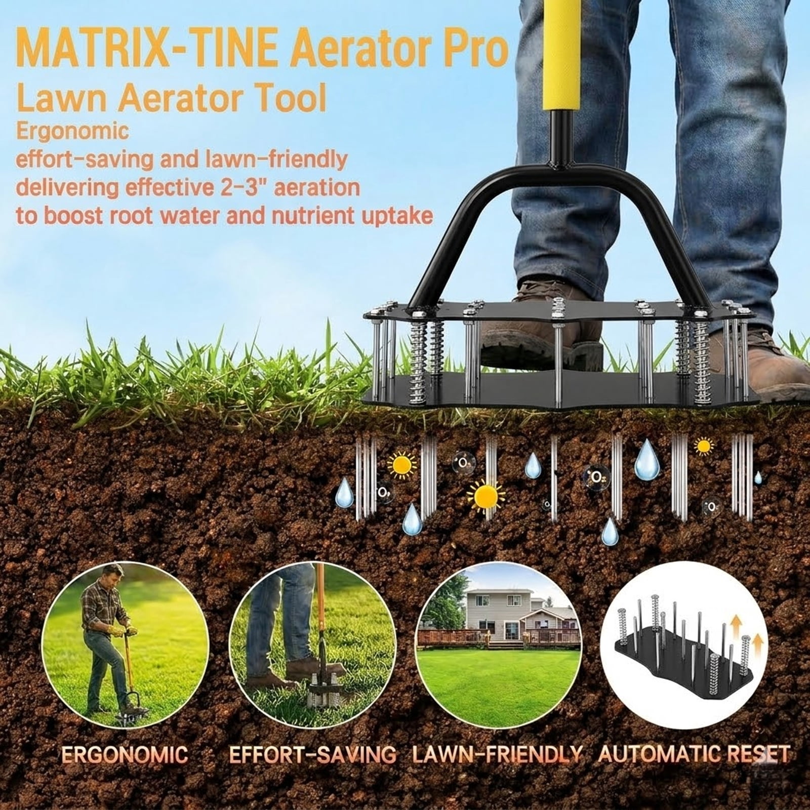 Lawn Aerator Tool, Spring-Loaded Soil Aerator with Auto-Reset, 18 Steel Spikes, Heavy-Duty Carbon Steel, Ergonomic T-Handle for Lawn, Yard and Garden