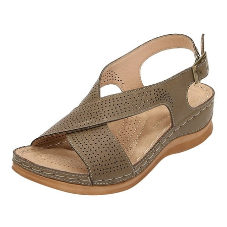 

Cathalem Women Sandals Summer Bohemian Vintage Style Slope Heel Sandals Comfortable Buckle Sandals Khaki 42