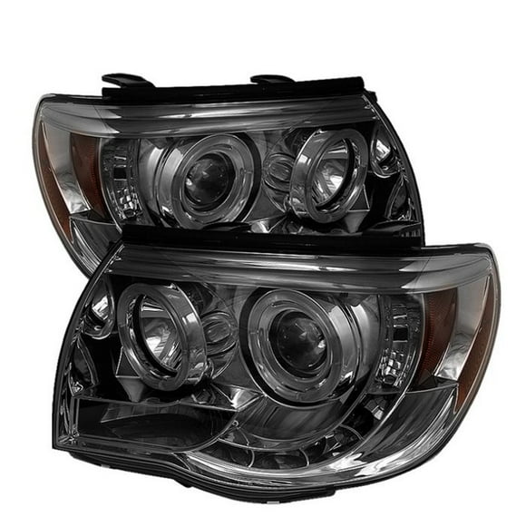 Fits 2005-2010 Toyota Tacoma Spyder Automotive Headlight Assembly 5011930 Halogen Bulb; Projector Beam With LED Halo; High H1/Low H1 Clear Bulb; Smoke Lens; Chrome Plated Housing; Set of 2