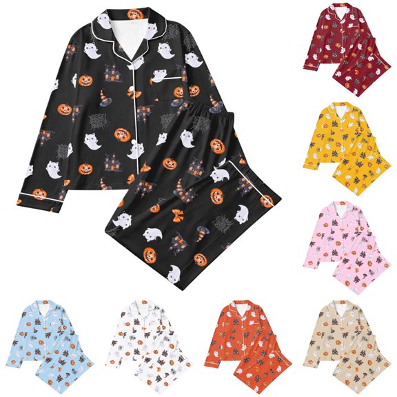 RMGVDSD Women's Pajama Sets Cute Print Halloween Pajamas Soft Sleepwear Long Sleeve Button Down Loungewear Ladies Soft Comfy Pajama